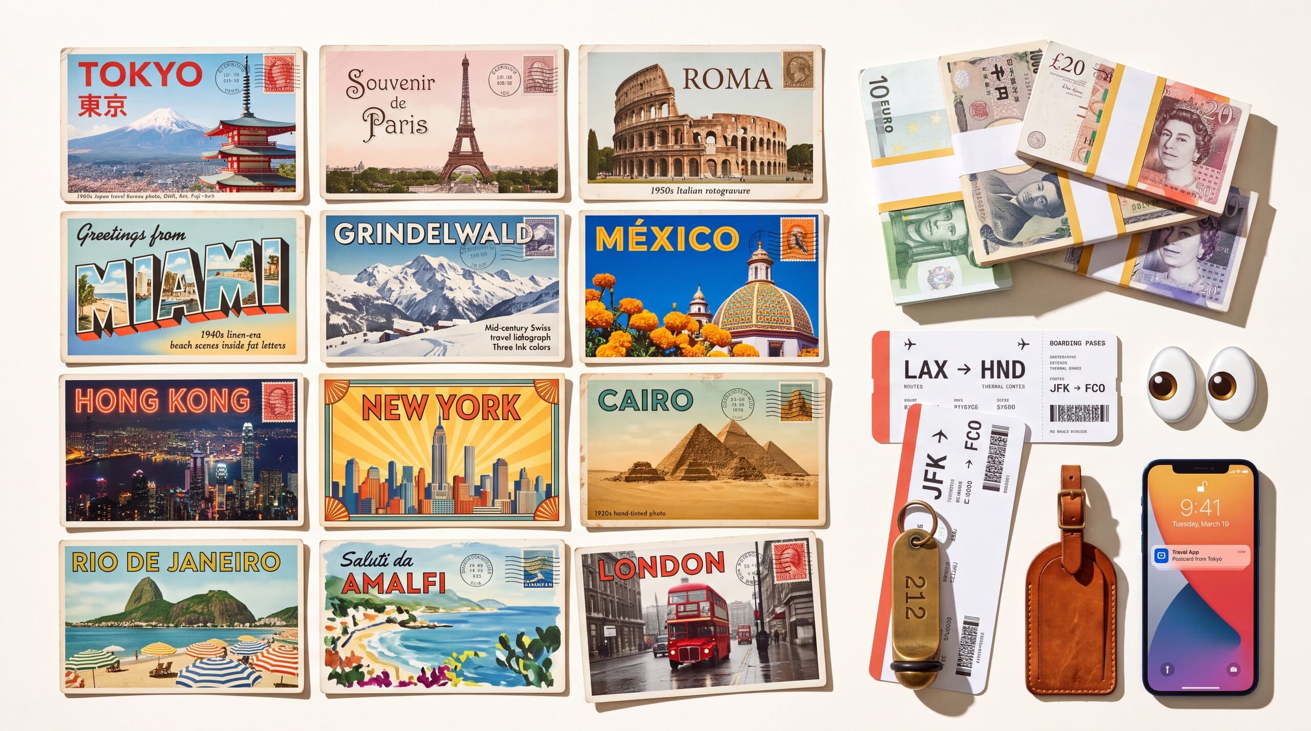 Knolled travel tableau, boarding passes, passport, and postcards arranged on a cobalt background