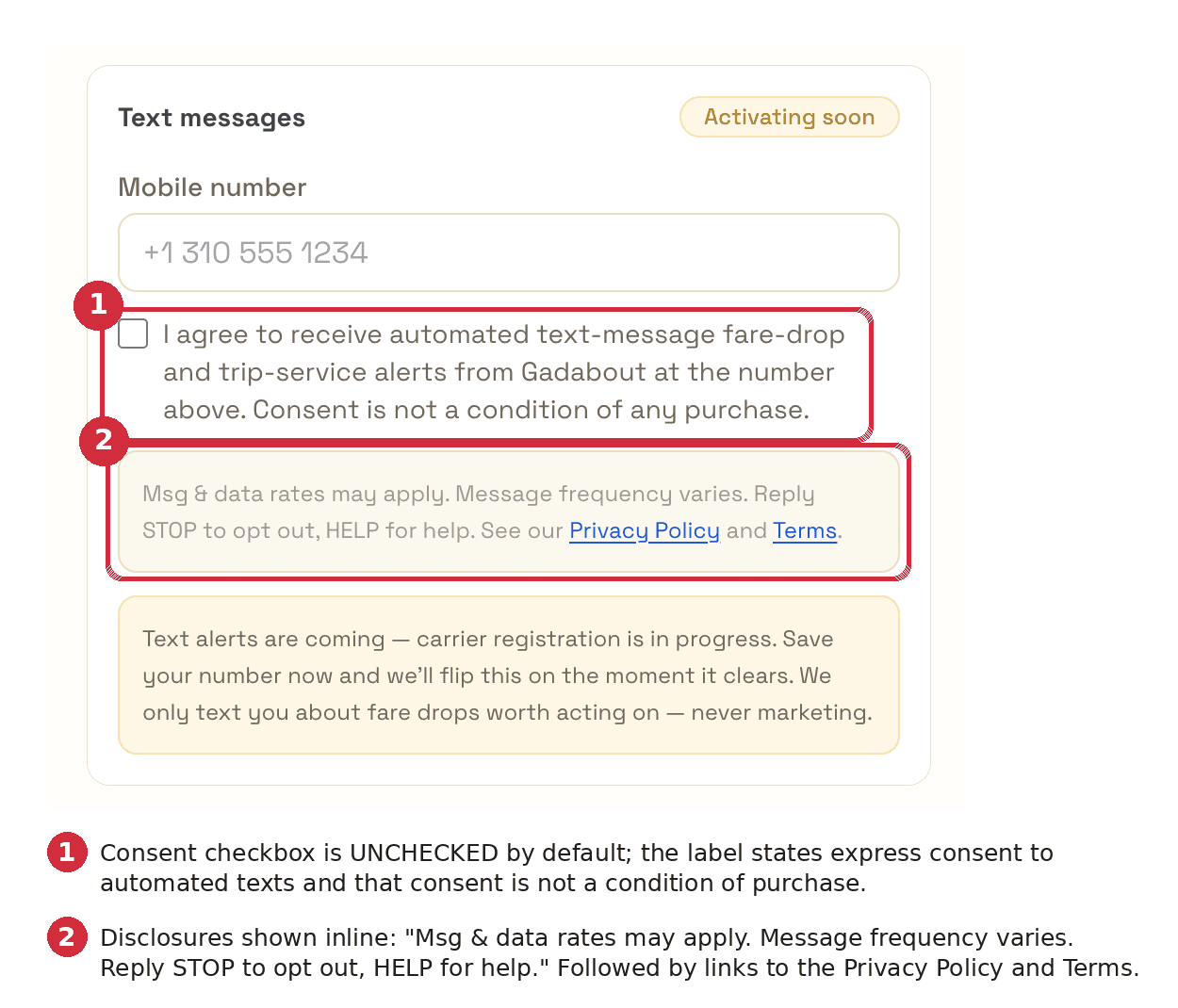 Gadabout account Preferences, Text messages section: a mobile-number field, an unchecked consent checkbox reading 'I agree to receive automated text-message fare-drop and trip-service alerts from Gadabout at the number above. Consent is not a condition of any purchase,' and a disclosure line reading 'Msg & data rates may apply. Message frequency varies. Reply STOP to opt out, HELP for help,' with links to the Privacy Policy and Terms.